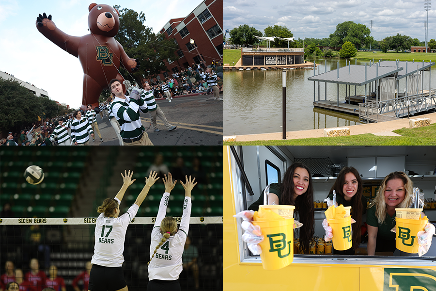 Collage of student events around campus: top left is a parade, top right is a landscape of the marina on campus, bottom left is two volley ball players at the net, and bottom right is students holding ice cream floats. 